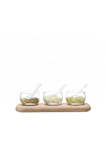 Service à condiments en verre transparent et plateau en chêne 25.5 cm
