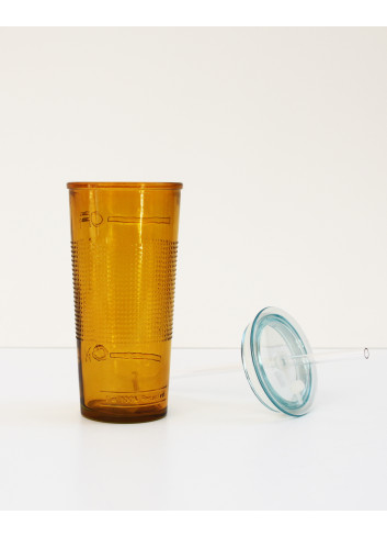 Verre et paille intégrée - Jaune en verre recyclé